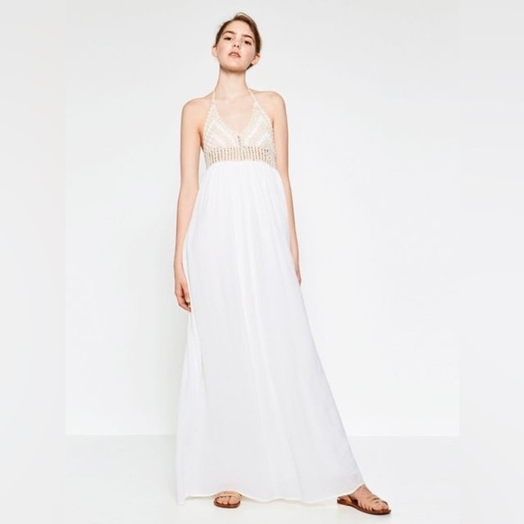 Zara Crochet White Halter Maxi Dress - Picture 3 of 12